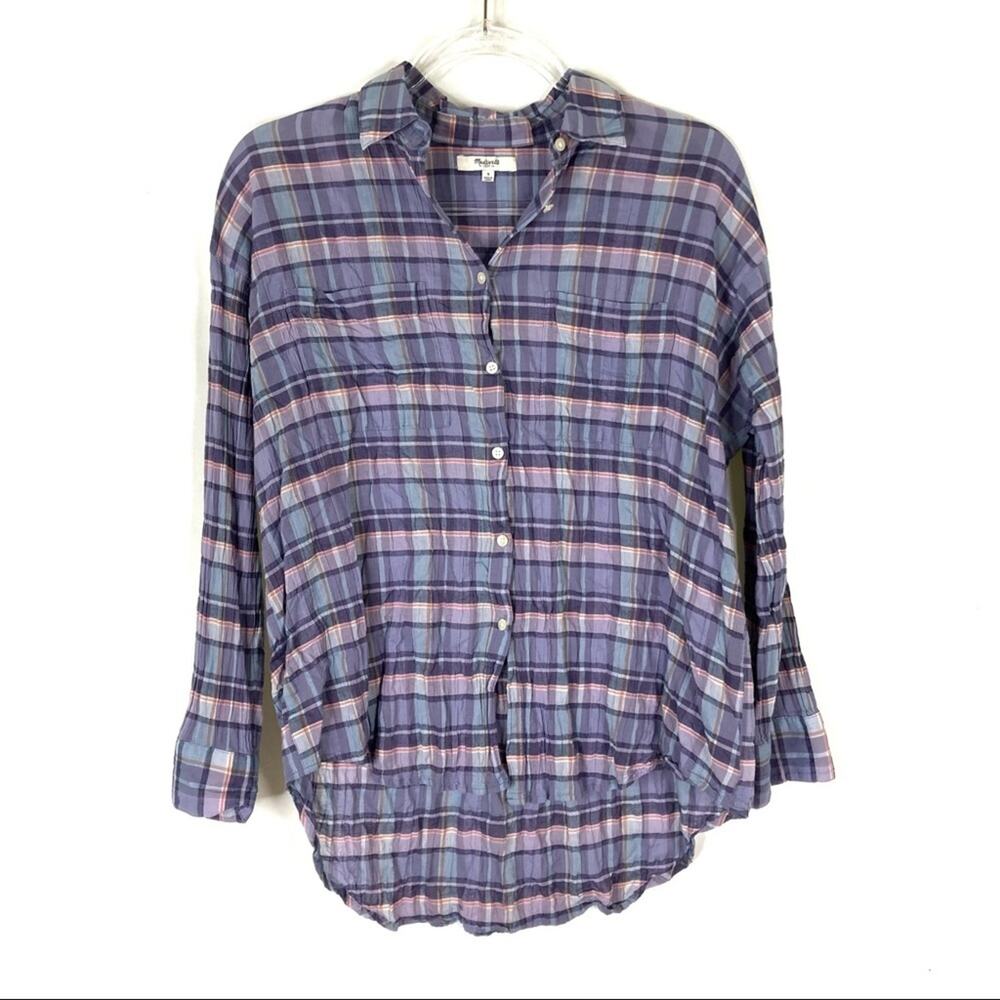 Madewell Purple Plaid Button Up Shirt Long Sleeve Casual Hi-Low Womens Small